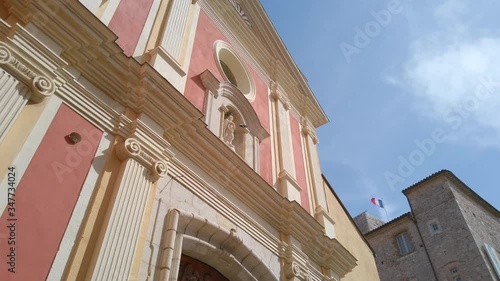 Facade of Roman Catholic cathedral in the old town of Antibes, France.