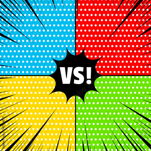 Comic rivalry concept with white dots and black rays on colorful frames. Vector illustration