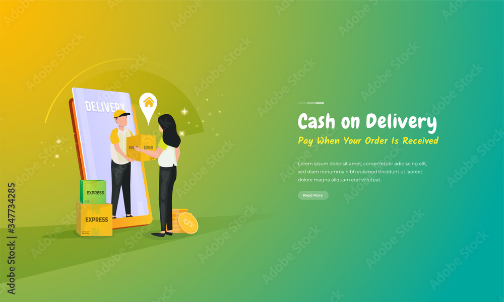 Cash on delivery illustration, Pay with cash after package order is delivered or received Cash on delivery illustration, Pay with cash after package order is delivered or received