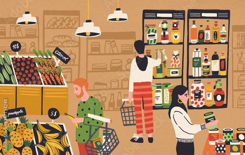 Cartoon people choosing and buying fresh products at grocery store vector flat illustration. Colorful man and woman shopper at supermarket. Customers purchasing food at retail shop
