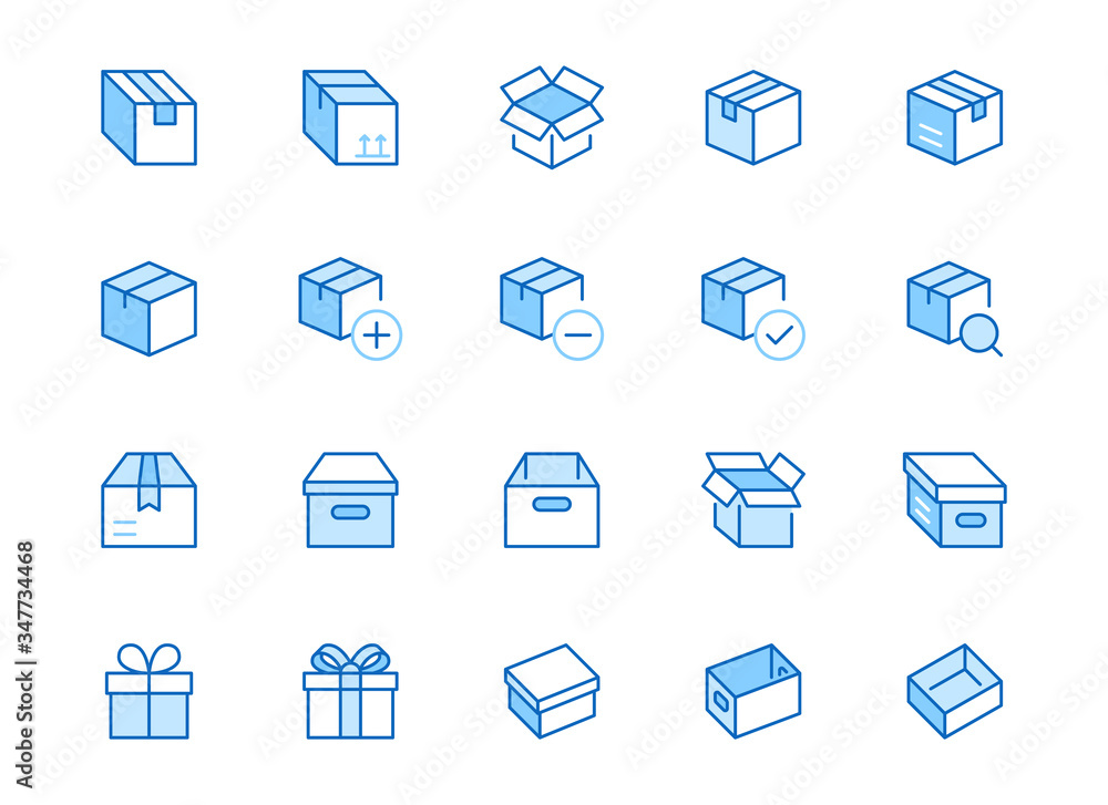 Box line icon set. Carton, cardboard boxes, product package, gift, parcel minimal vector illustrations. Simple blue outline signs for delivery service application. Editable Strokes Box line icon set. Carton, cardboard boxes, product package, gift, parcel minimal vector illustrations. Simple blue outline signs for delivery service application. Editable Strokes