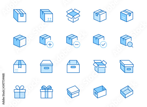 Box line icon set. Carton, cardboard boxes, product package, gift, parcel minimal vector illustrations. Simple blue outline signs for delivery service application. Editable Strokes