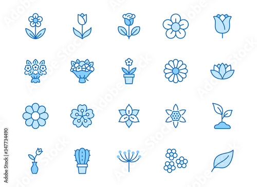 Flower line icon set. Rose, tulip in vase, fruit bouquet, spring blossom, cactus minimal vector illustration Simple blue outline signs for flowers delivery application. Editable Strokes