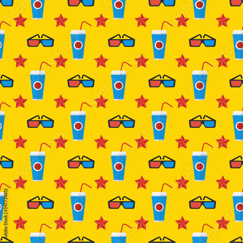 Cinema seamless pattern. Wallpaper with popcorn, stereo glasses and stars.