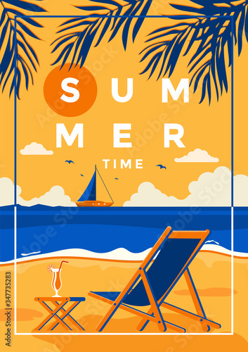 A vintage style poster with a tropical beach and a woman laying on the sand. Summer holiday poster flat design. Vector Illustration