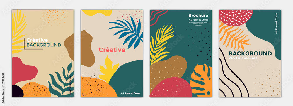 Tropical minimal Cover Design Layout Template in A4 size, greeting cards. Frame with tropic leaves. Ideal for party poster, greeting card, banner or invitation. Vector Illustration Tropical minimal Cover Design Layout Template in A4 size, greeting cards. Frame with tropic leaves. Ideal for party poster, greeting card, banner or invitation. Vector Illustration