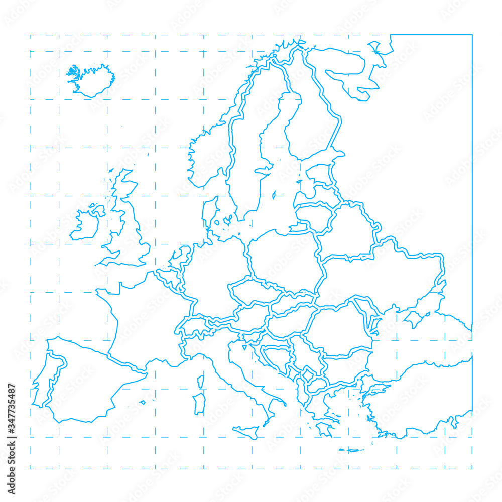 Blue contour of detailed europe map on white