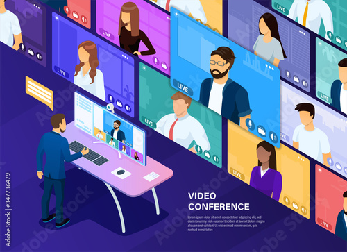 Video conferencing concept. Remote negotiations. Management of the company through video communication. Online communication of the company. Beautifully drawn people in the style of 3D isometric