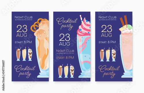 Set of colorful promo poster of cocktail party vector flat illustration. Coll...