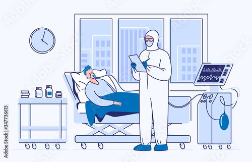 Intensive care of a seriously ill patient. A sick man lies in a medical bed on artificial lung ventilation. Vector. Illustration. Flat style.