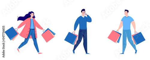Set of people shopping. People with packages and shopping. Men and women, vanity, sale. Vector. Illustration in a flat cartoon style.