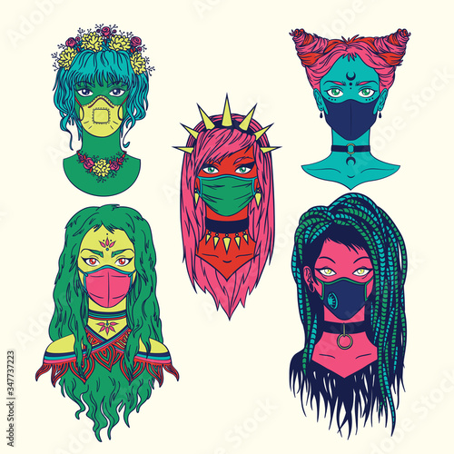 Set of stylish subcultural girls wearing different types medical mask. Coronavirus pandemic concept. Bright colored vector illustration in hand-drawn style isolated on light background. Virus fashion.