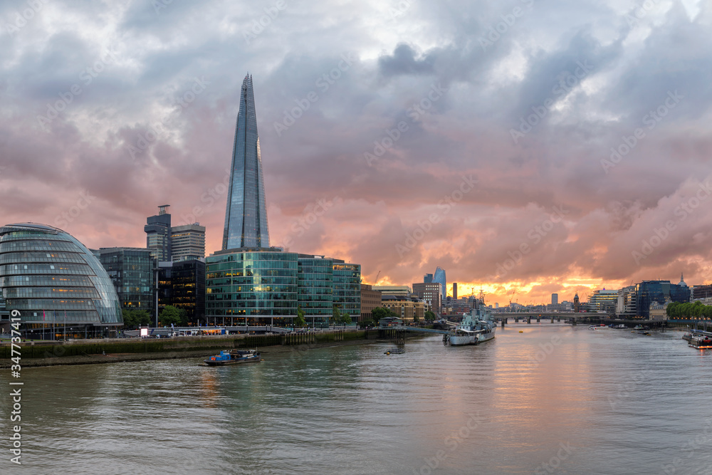 London City skyline at sunset, United Kingdom.