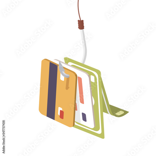 Banking card and cash money hang on fishing hook vector graphic illustration
