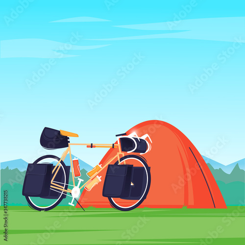 Bikepacking, traveling by bike. Flat design vector illustration.