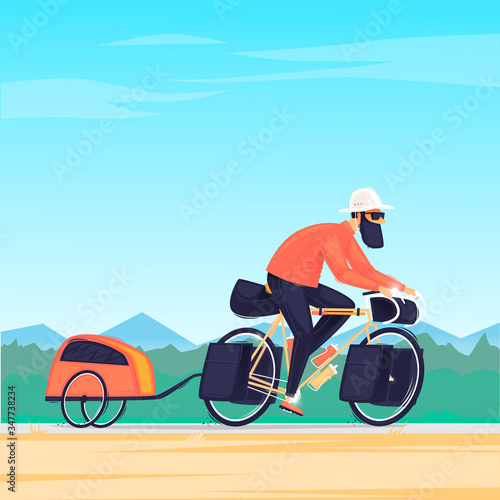 Man travels on a bike with a trailer, cycling, bikepacking. Flat design vector illustration.