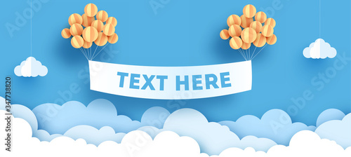 Origami made hot air balloon in a heart shape hang on blue sky.paper art style. with space for text, message. vector illustration