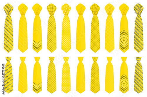 Illustration on theme big set ties different types, neckties various size