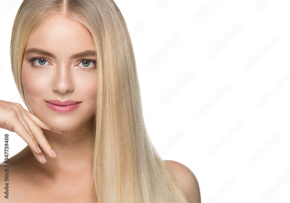 Beautiful woman blonde long smooth hair natural beauty smile happy Beautiful woman blonde long smooth hair natural beauty smile happy