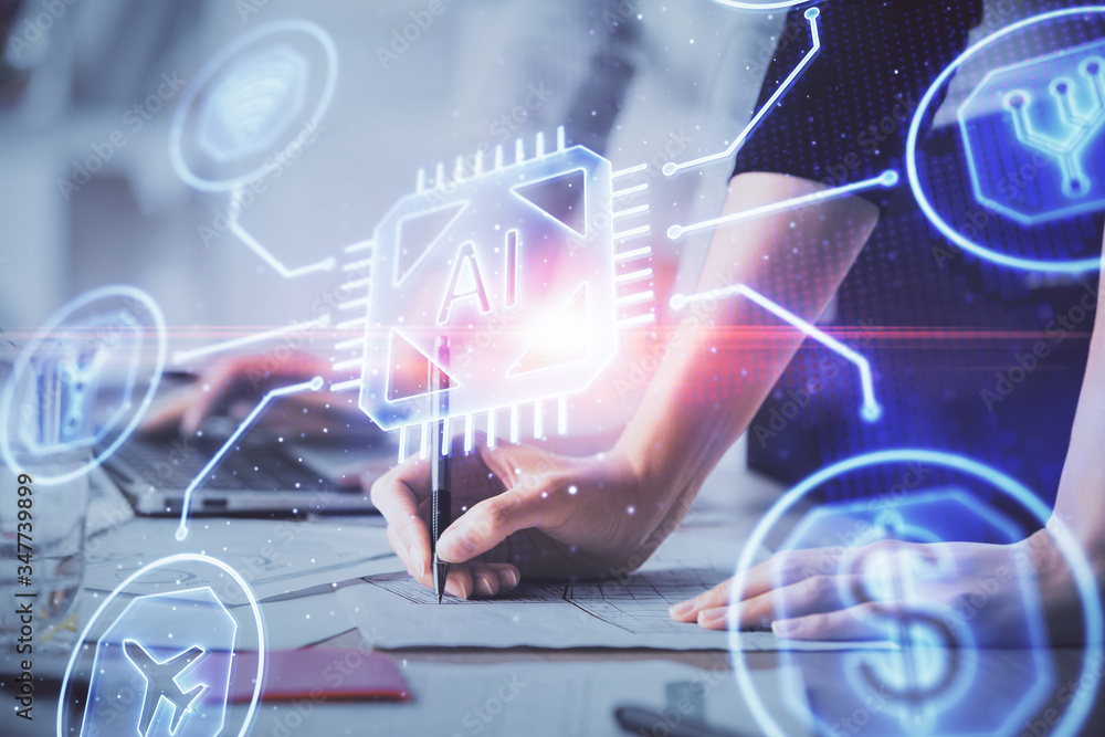 Double exposure of woman hands working on computer and data theme hologram drawing. Tech concept. Double exposure of woman hands working on computer and data theme hologram drawing. Tech concept.