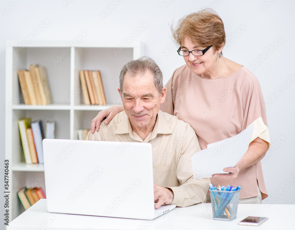Senior couple calculating bills to pay or doing the income tax declaration online Senior couple calculating bills to pay or doing the income tax declaration online