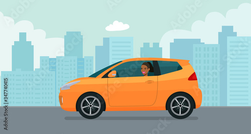 Fototapeta Naklejka Na Ścianę i Meble -  Compact hatchback car with a young afro american woman driving on a background of abstract cityscape. Vector flat style illustration.