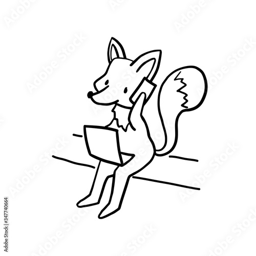 Cute fox with smartphone and laptop, black line vector character isolated. Business fox with phone and computer