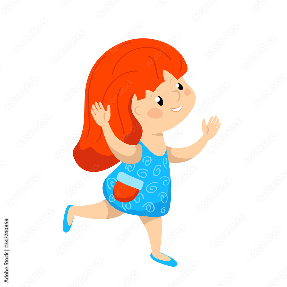 Cute girl running, cartoon vector character isolated. Happy kid playing. Red hair girl in blue dress. Cute girl running, cartoon vector character isolated. Happy kid playing. Red hair girl in blue dress.