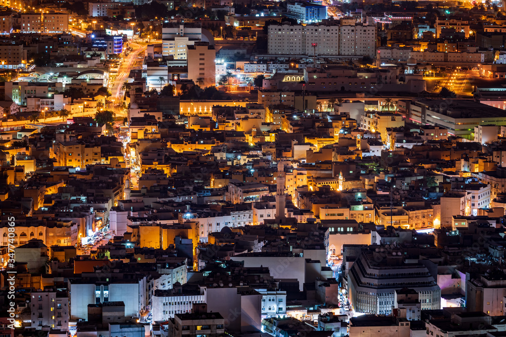 Ariel view of Downtown Manama at night, the capital of Bahrain