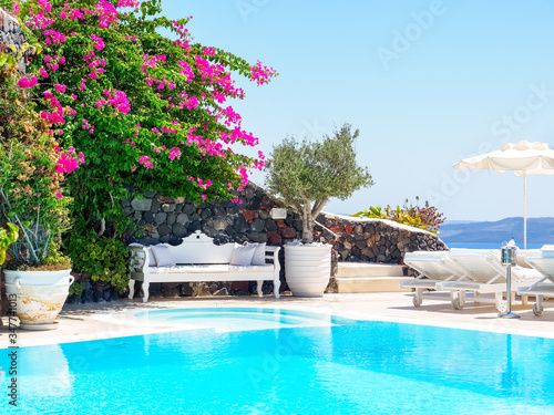 Santorini hotel terrace view. Luxury vacations. Cyclades  Greece.