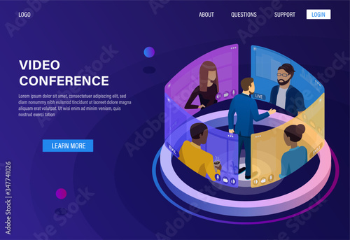 Realistic video conferencing concept. Online rally. The manager talks to subordinates online via video link. Video conference diverse businessmen. The concept of remote control. Flat 3d isometric