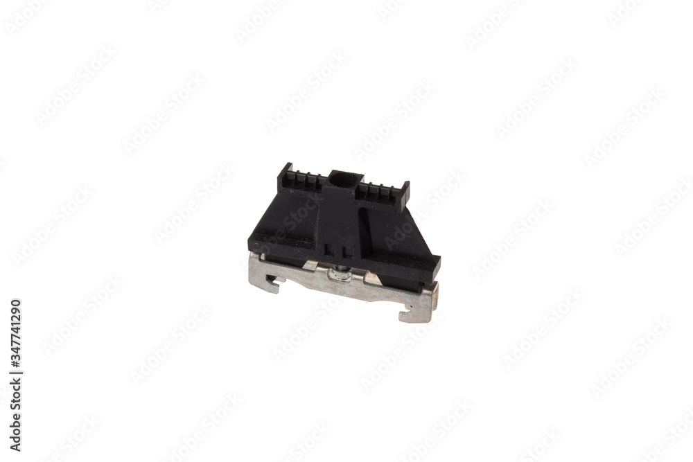 Black stopper block for pass through terminal for DIN rail, isolated on white background Black stopper block for pass through terminal for DIN rail, isolated on white background