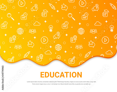 Education banner template. White online school line icons pattern on yellow fluid gradient background. E-learning texture Vector illustration for web site, advert, mobile app, wallpaper, social media