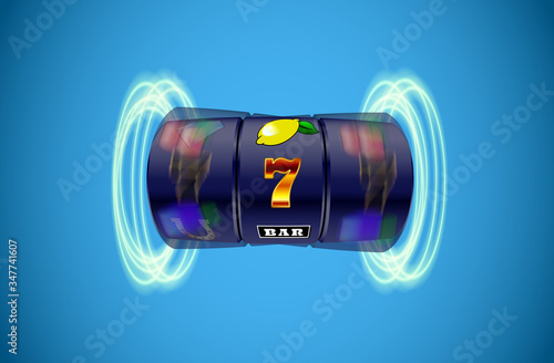 Slot machine reel spinning with a winning combination of a number seven and a lemon on a blue background. Vector.