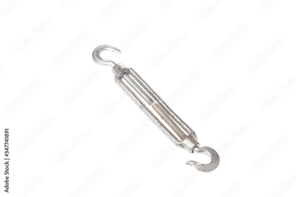 Steel hook turnbuckle in closed position, isolated on white background Steel hook turnbuckle in closed position, isolated on white background