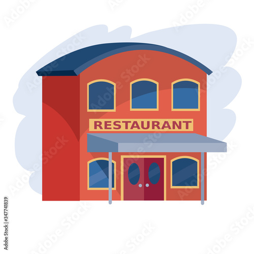 two-story building in red on color on the ground floor of which is a restaurant, isolated object on a white background, vector illustration,