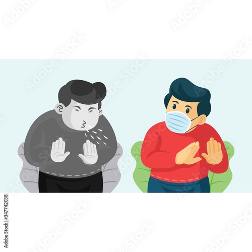 illustration of a person sneezing not wearing a mask in front of a person wearing a mask