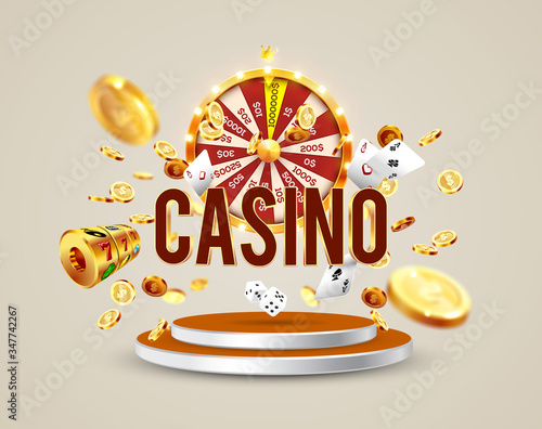 The word Casino, surrounded by a luminous frame and attributes of gambling, on a explosion background.
