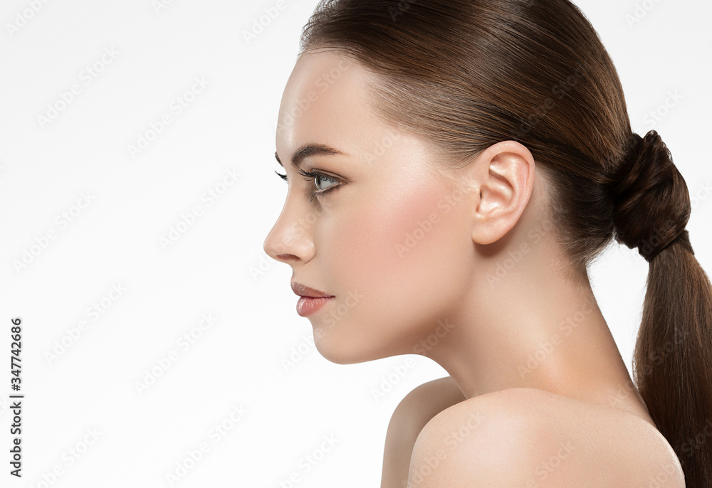 Beauty woman face profile clean healthy skin natural make up isolated on white Beauty woman face profile clean healthy skin natural make up isolated on white