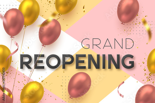 Grand opening, reopening ceremony vector banner. Realistic glossy balloons and confetti with 3d text. Opening template. photo