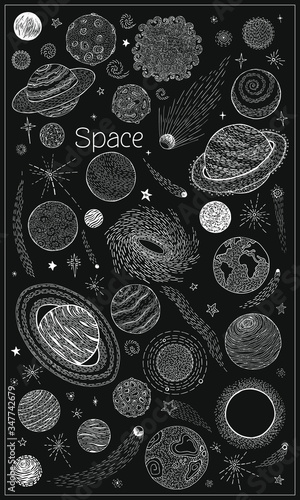 Space doodles set. Sketch space planets, hand drawn.