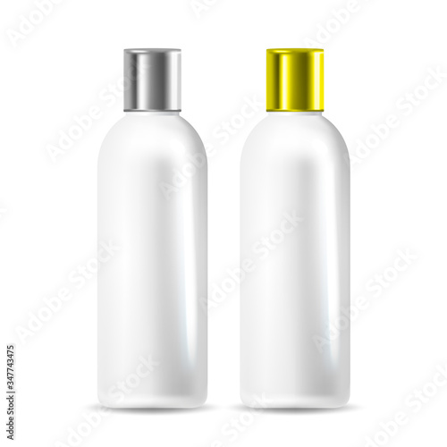 Shampoo Or Body Conditioner Bottle Set Vector. Collection Of Blank Tuba For Medical Skincare And Cosmetic Lotion Bottle Cream With Silver And Golden Cap. Package Mockup Realistic 3d Illustrations