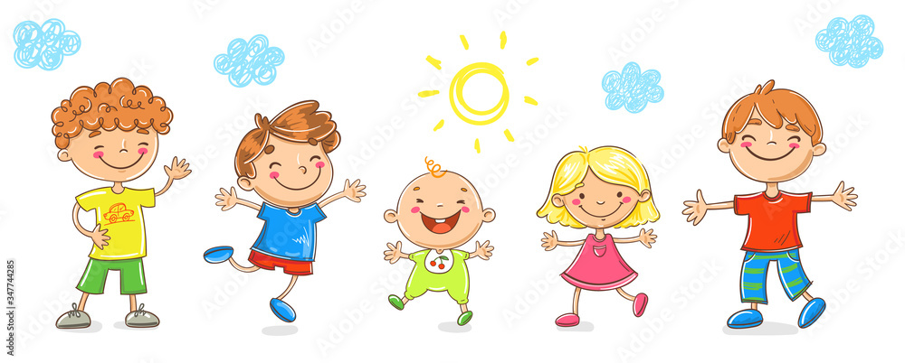vector illustration of Happy doodle cartoon kids, playing, jumping and laughing