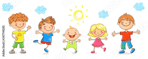 vector illustration of Happy doodle cartoon kids, playing, jumping and laughing