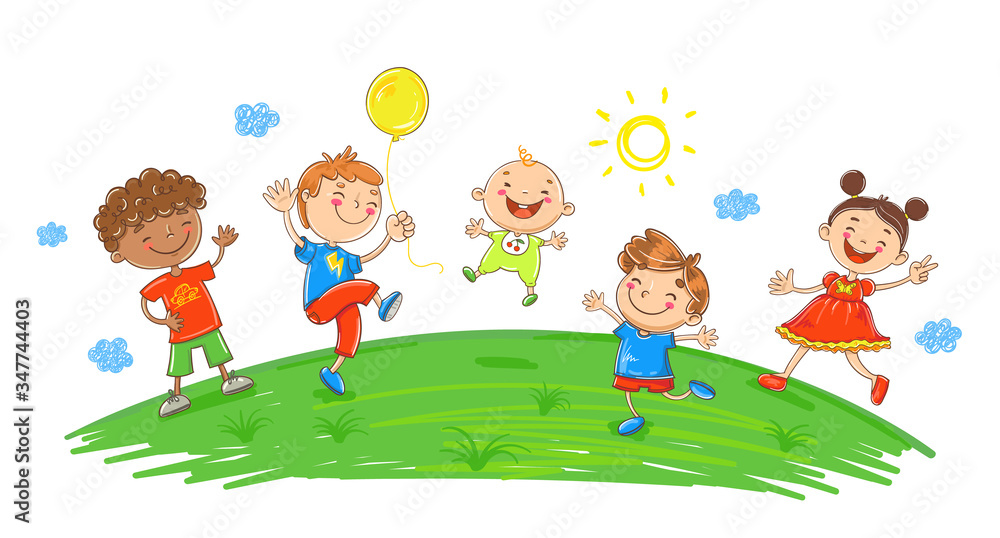 Vector Illustration Of Happy Cartoon Kids Playing and Jumping.