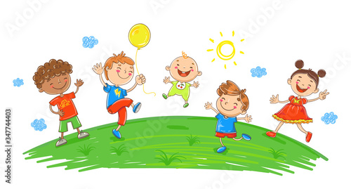 Vector Illustration Of Happy Cartoon Kids Playing and Jumping.