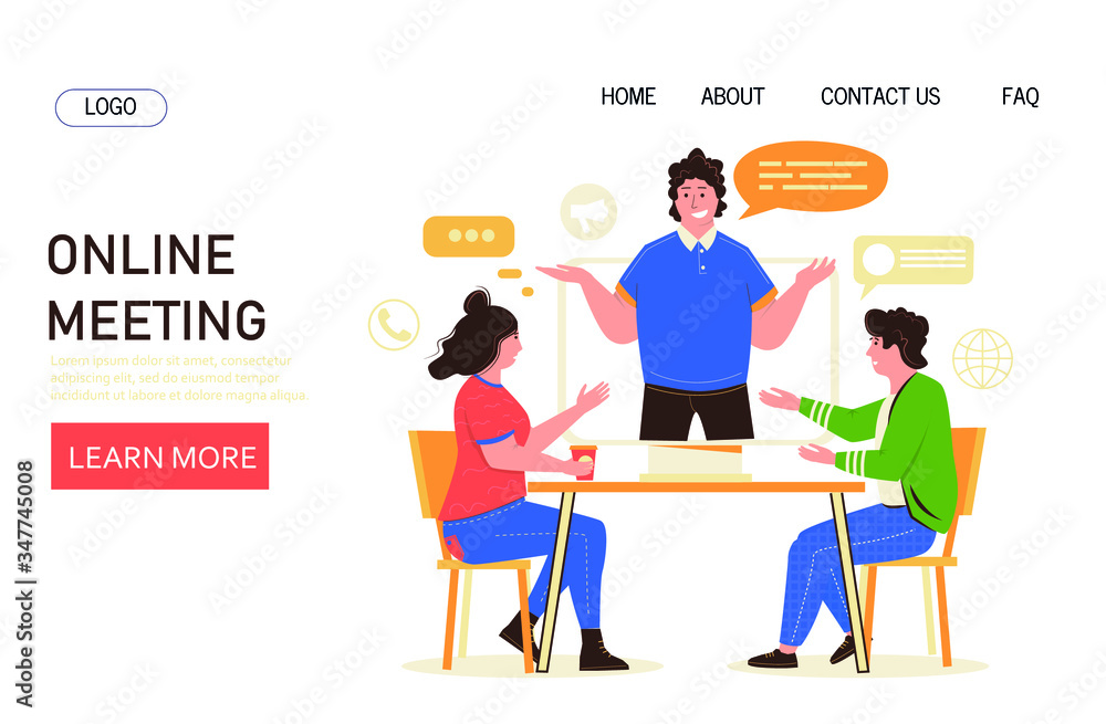 Video online meeting illustration. People talking by video chat with man. Online meeting and video chat web page.