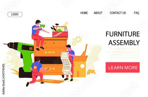 Furniture assembly vector concept for webpage or banner. Workers in a workshop assemble furniture with tools.