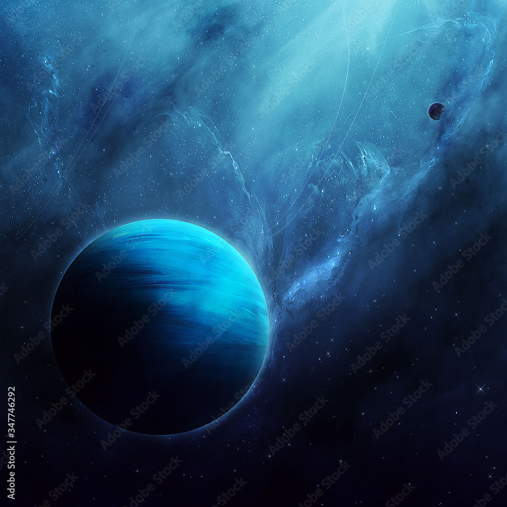 Fototapeta premium abstract space illustration, 3d image, planet in space in the blue stars, eclipse