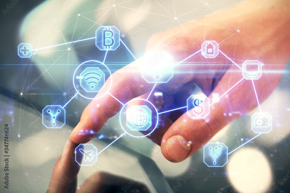 Double exposure of man's hands holding and using a phone and social network theme drawing. Double exposure of man's hands holding and using a phone and social network theme drawing.